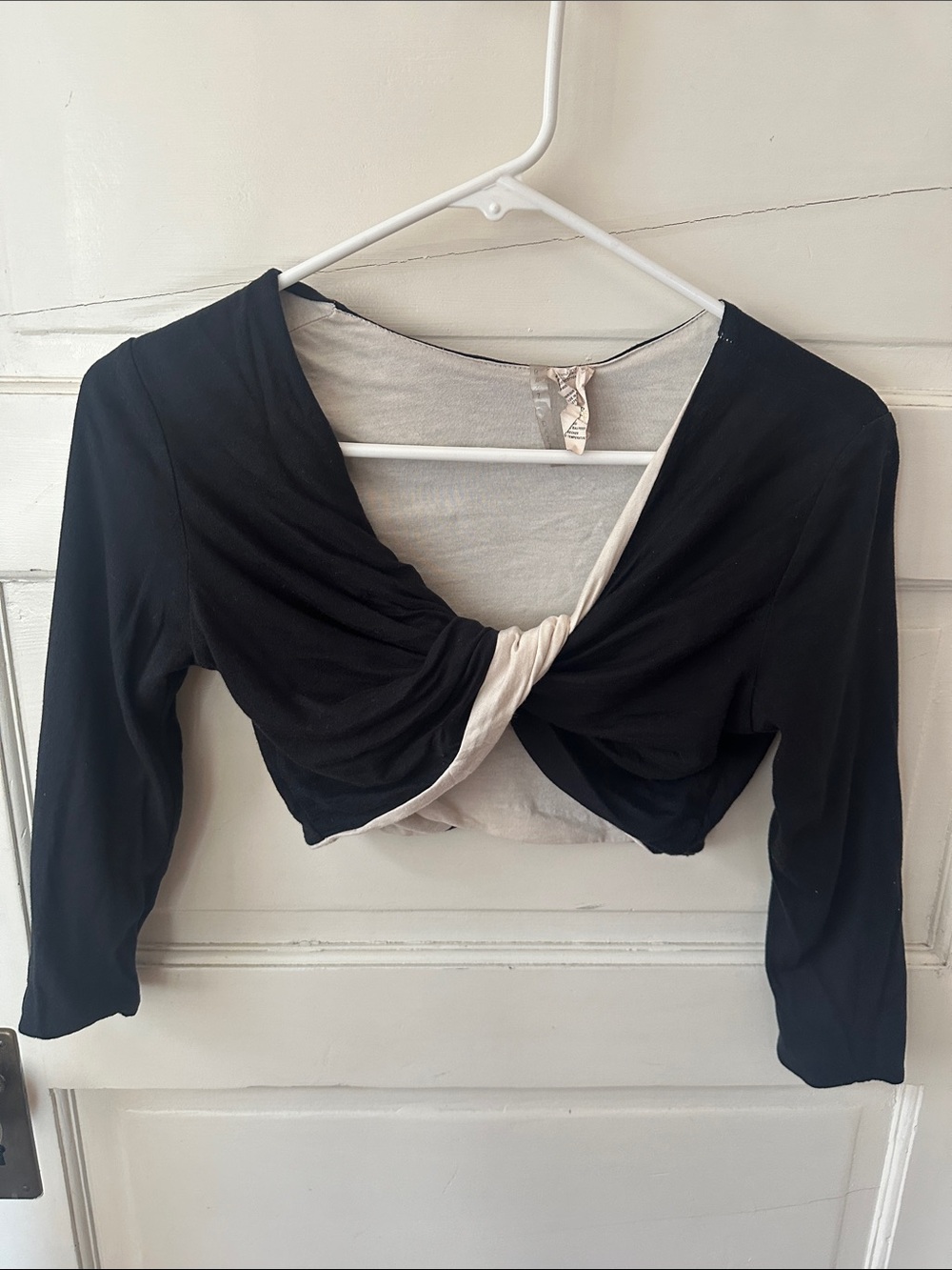 Black Cream Reversable Twist Front Long Sleeve Cropped Top Cotton Modal Workout